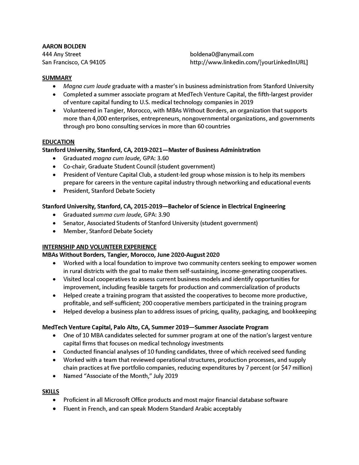 Sample resume: Venture Capital, Entry Level, Combination