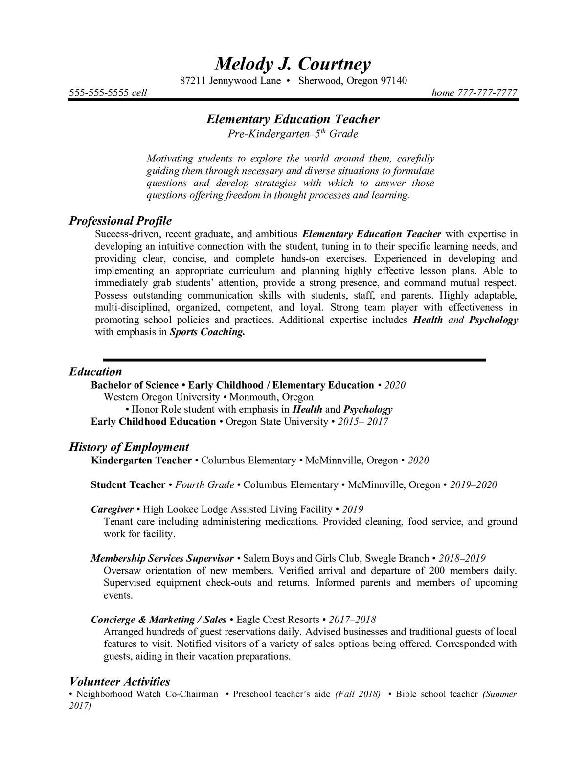 Sample resume: Elementary Education, Low Experience, Chronological