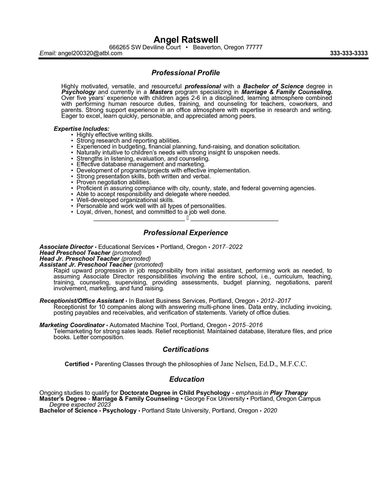 Sample resume: Elementary Education, Mid Experience, Chronological