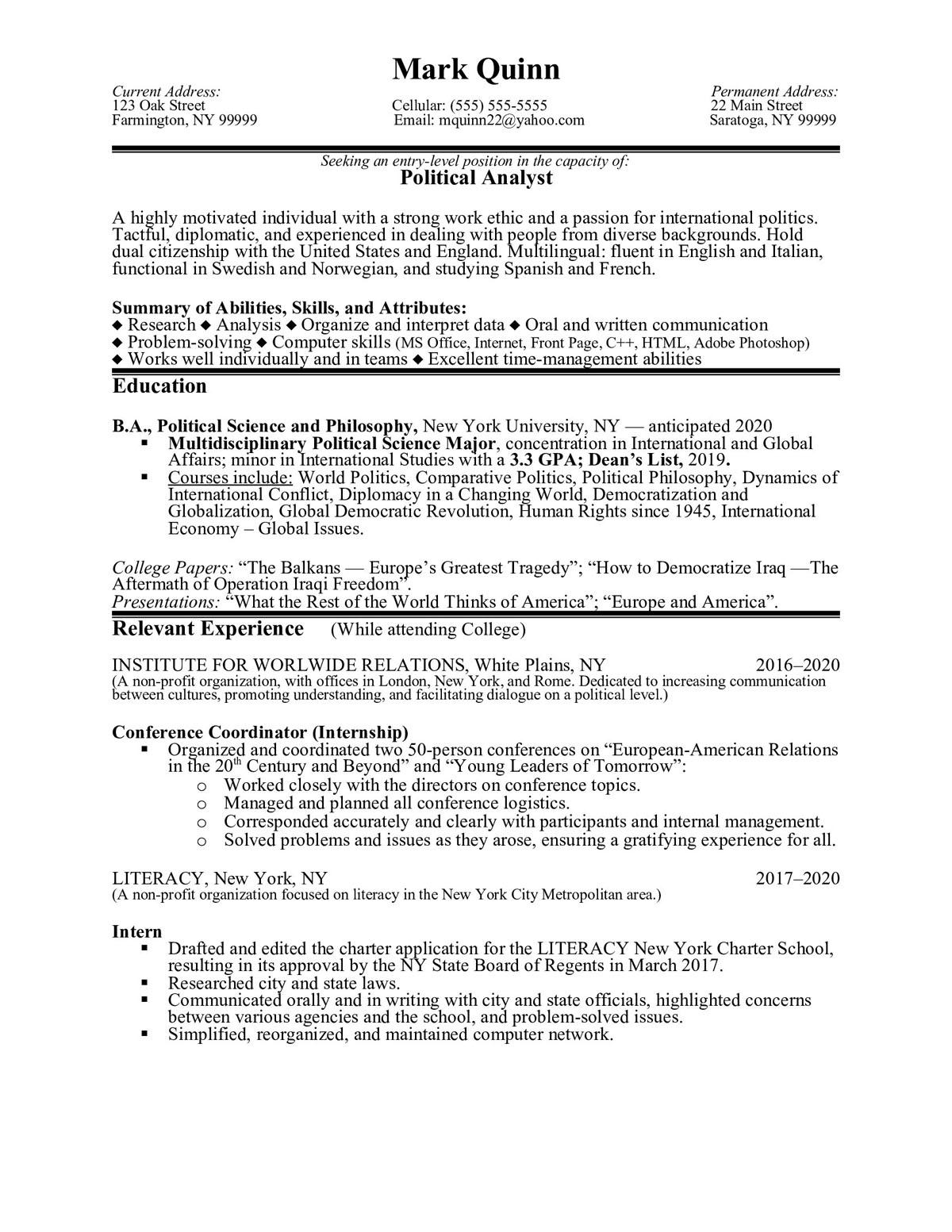 Sample resume: Political Science, Entry Level, Chronological