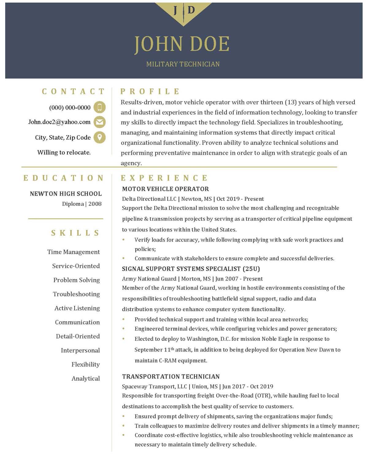 Sample resume: Military Services, High Experience, Chronological