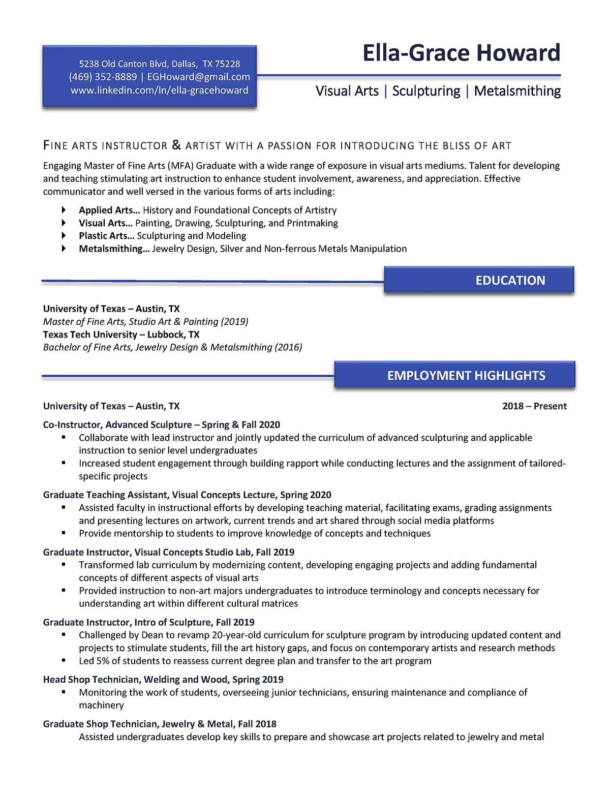 Sample resume: Visual Arts, Low Experience, Chronological
