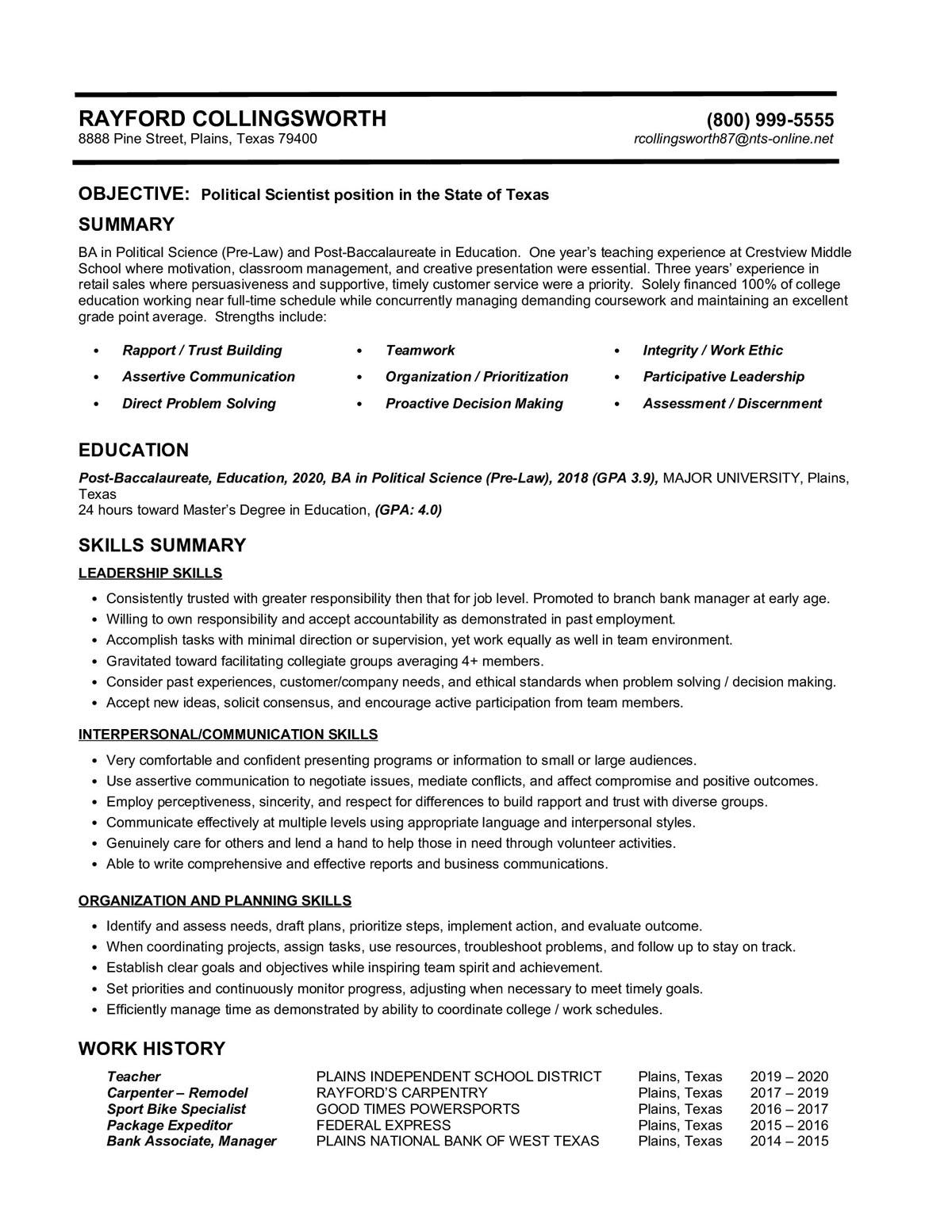 Sample resume: Political Science, Entry Level, Functional