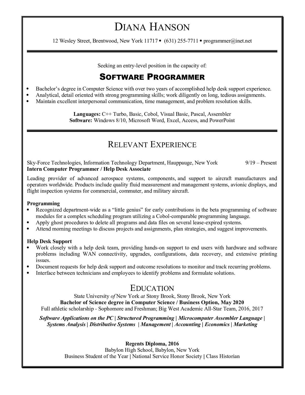 Sample resume: Computer Software, Entry Level, Chronological