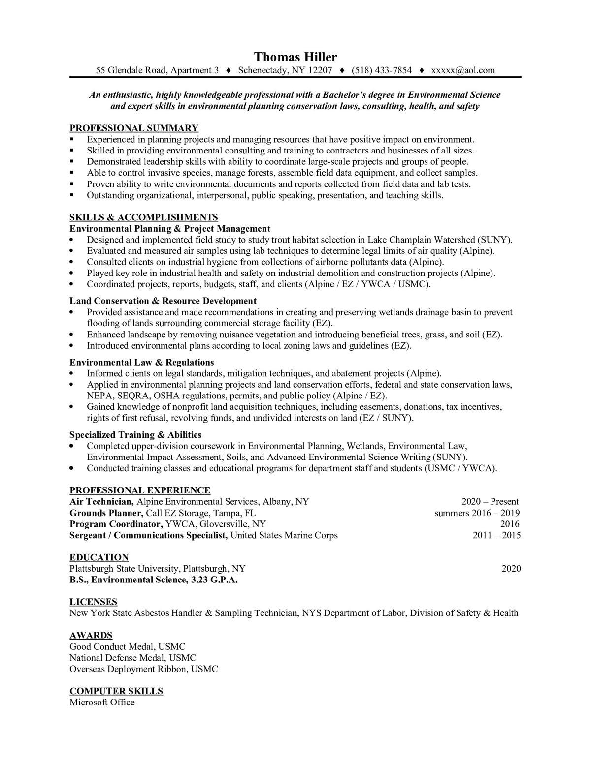 Sample resume: Environmental Science, Entry Level, Functional