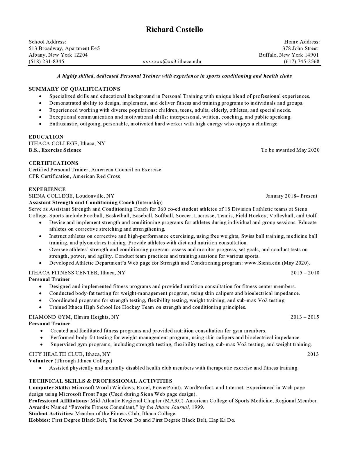 Sample resume: Personal Training, Mid Experience, Chronological