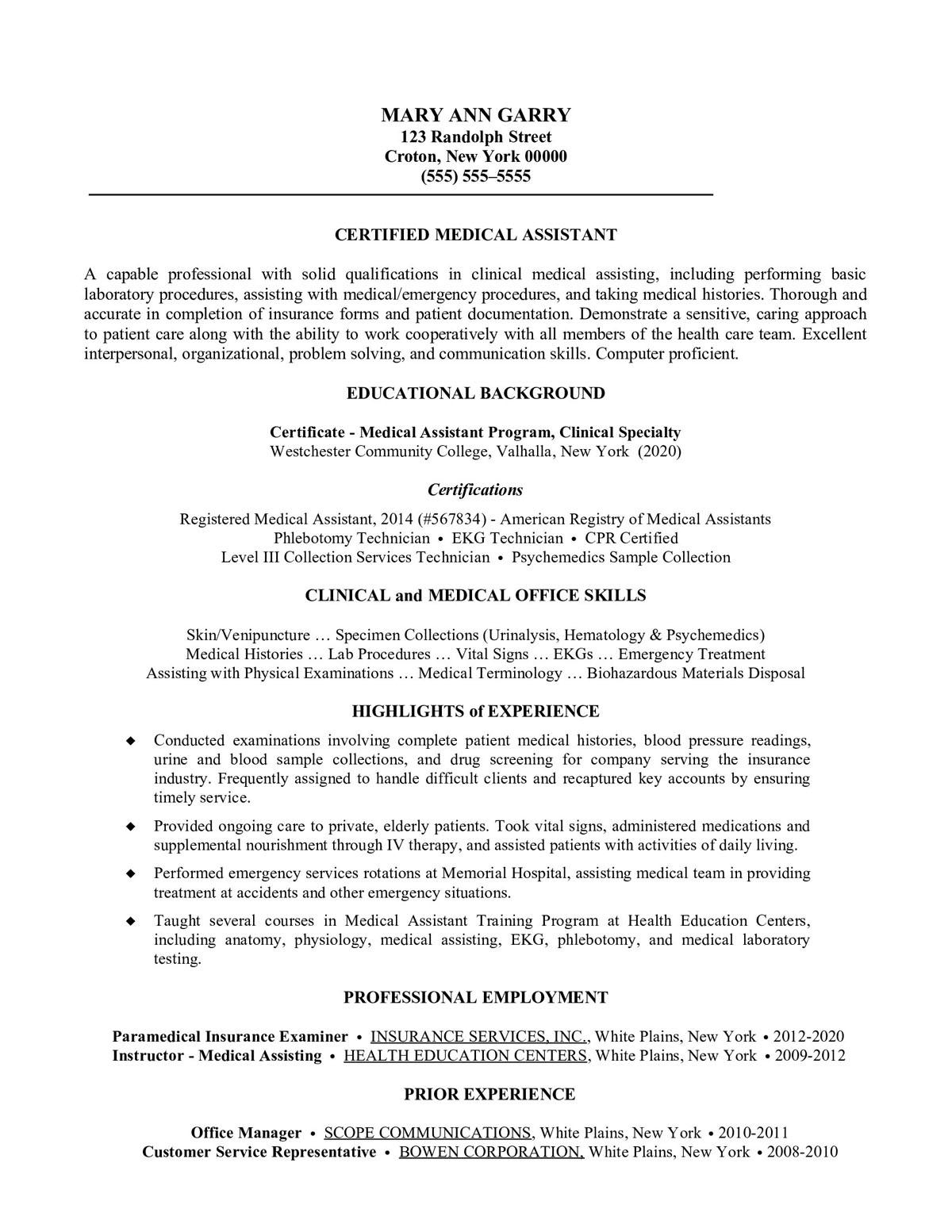 Sample resume: Health Care Providers, High Experience, Functional