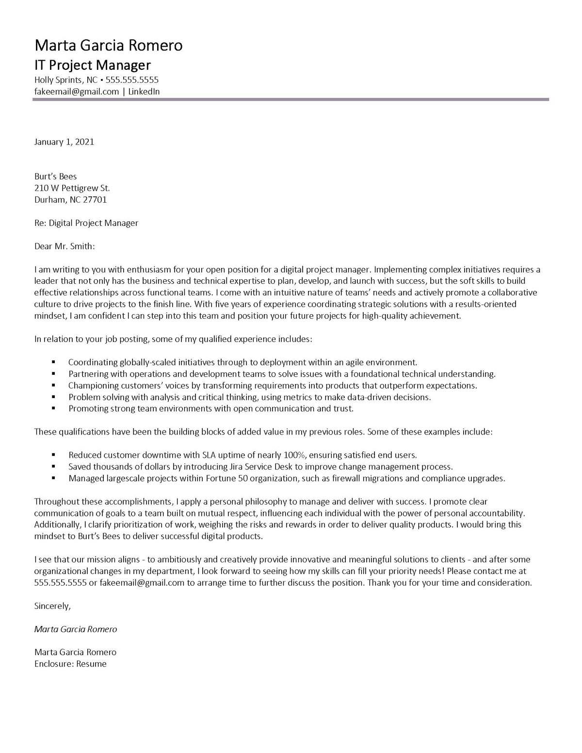 Sample cover letter: Project Management, Mid Experience, Response to Ad