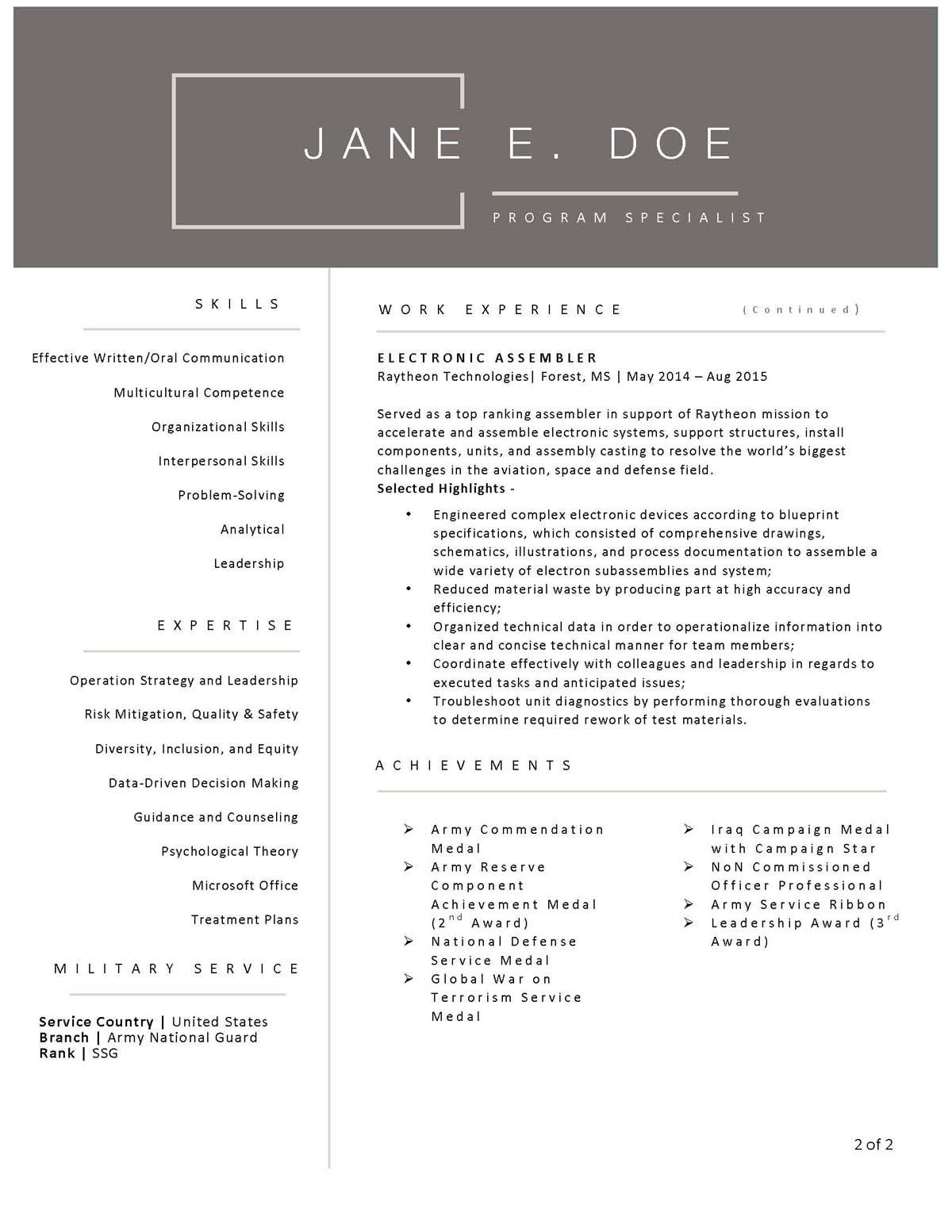 Sample resume: Military Services, Mid Experience, Chronological