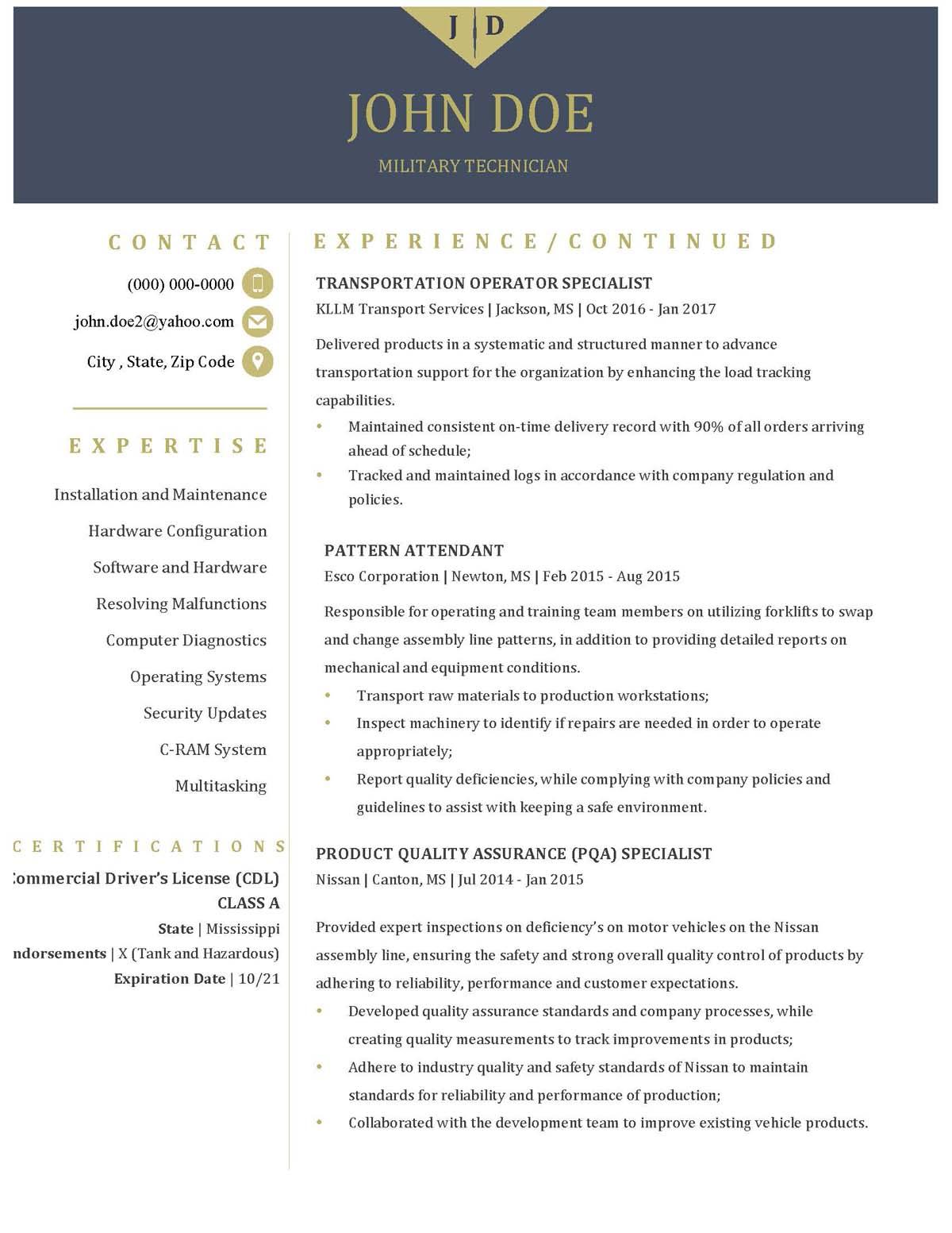 Sample resume: Military Services, High Experience, Chronological