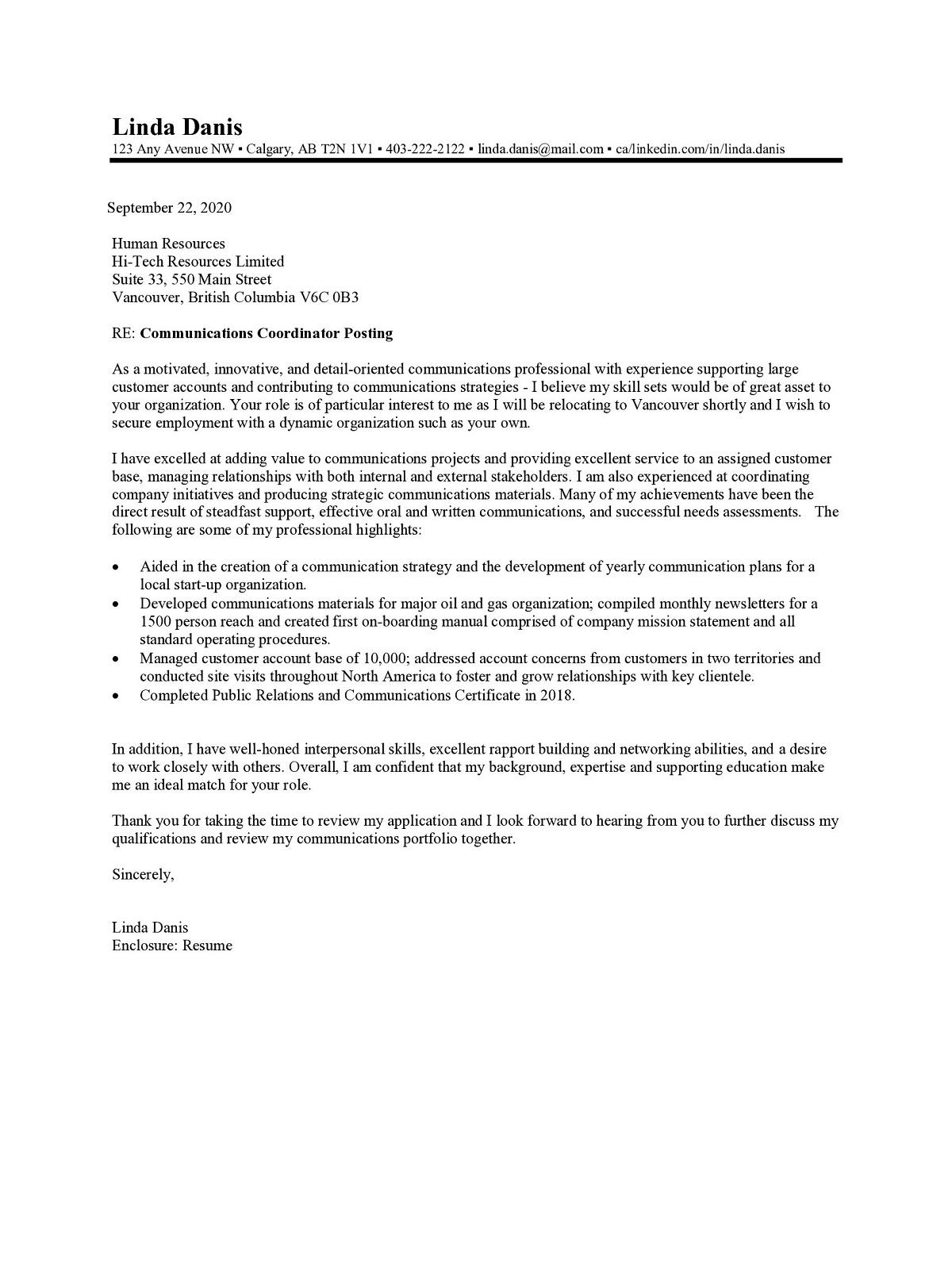 Sample cover letter: Corporate Communications, Mid Experience, Response to Ad