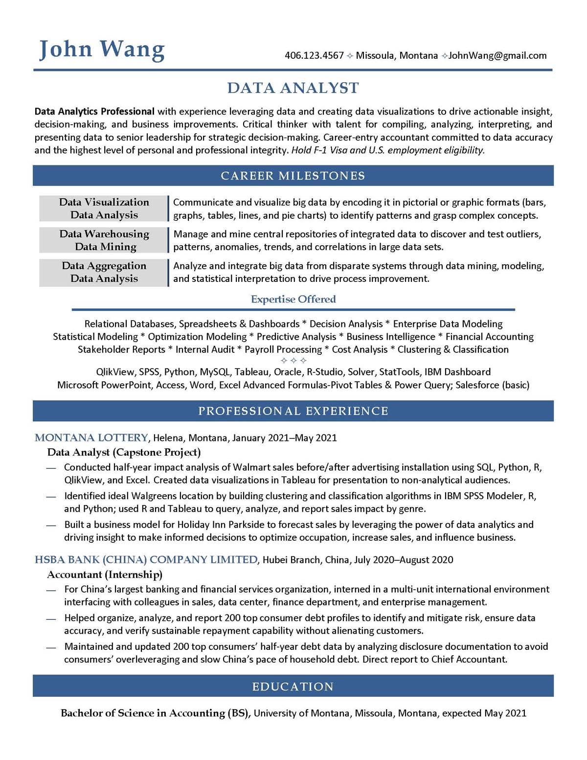 Sample resume: Business Administration and Management, Low Experience, Combination