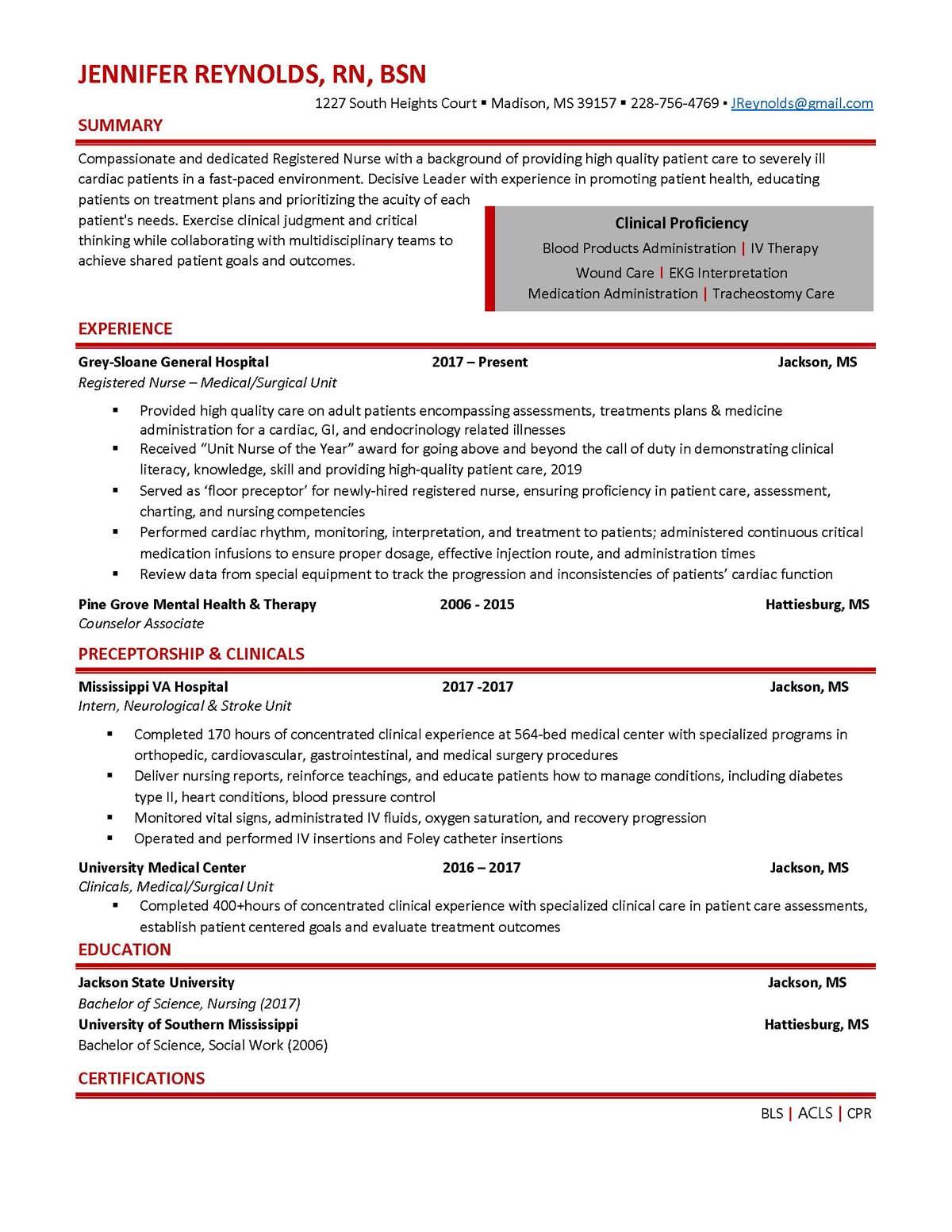 Sample resume: Nursing, Entry Level, Chronological