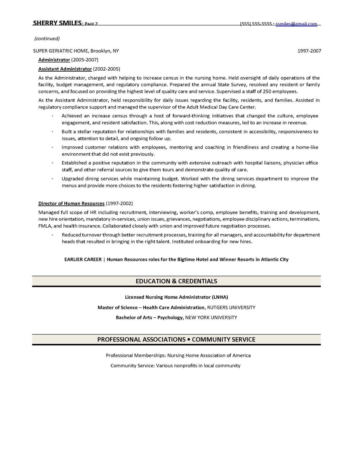 Sample resume: Health Care Management, High Experience, Chronological
