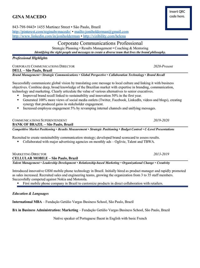 Sample resume: Corporate Communications, High Experience, Chronological