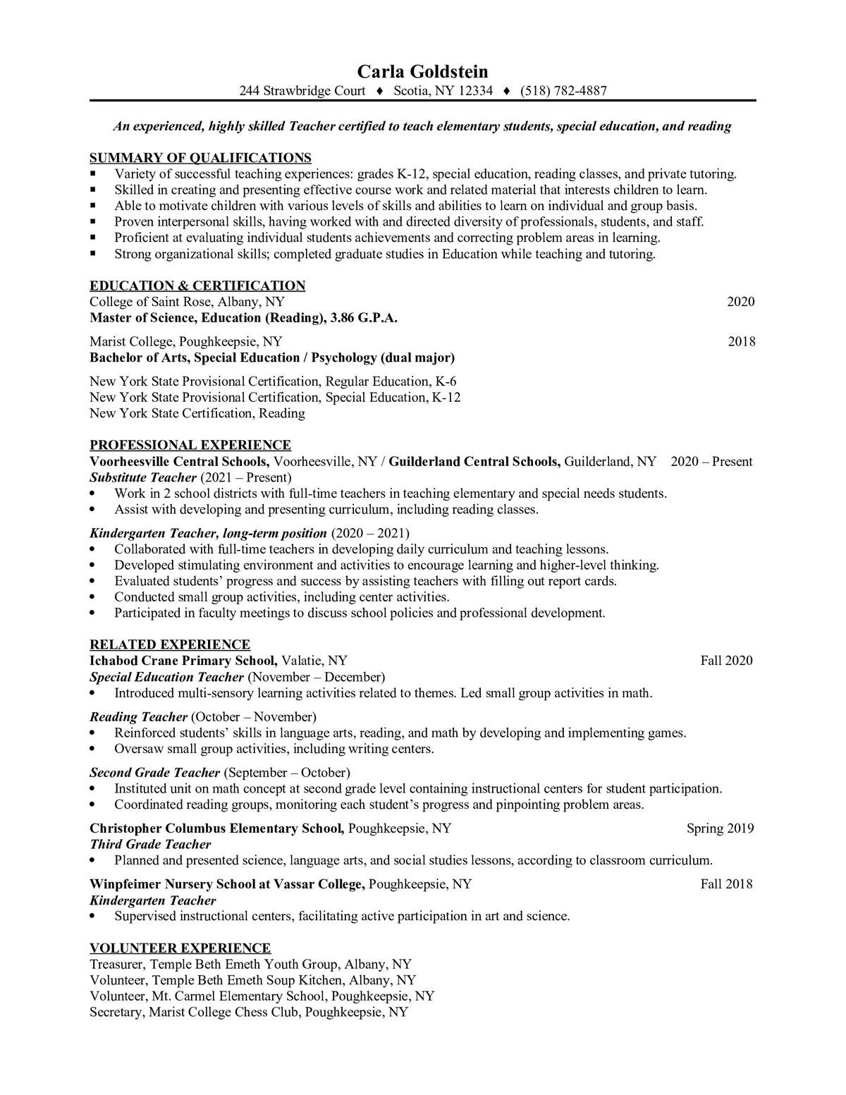 Sample resume: Elementary Education, High Experience, Chronological
