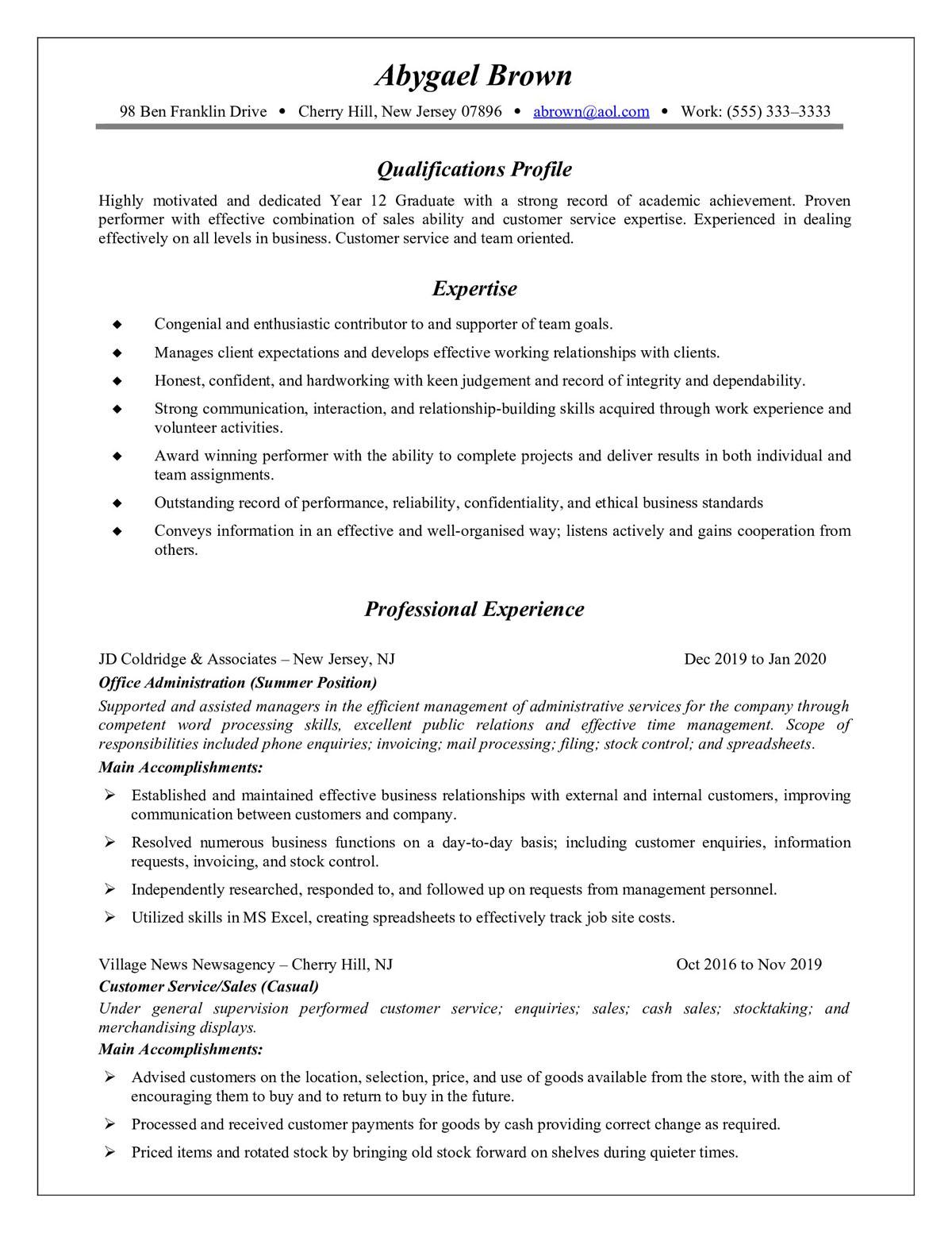 Sample resume: Sales, Entry Level, Combination