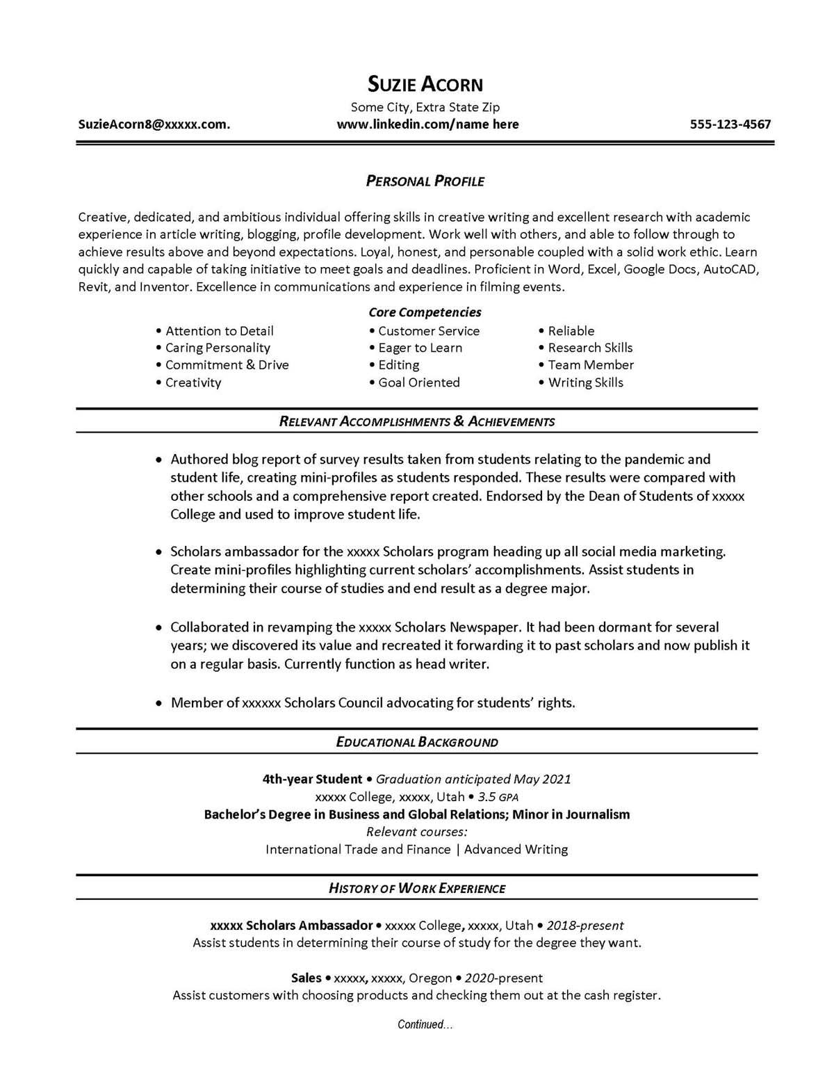 Sample resume: Sales, Entry Level, Functional
