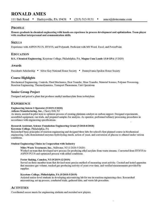 Sample resume: Chemical Engineering, Entry Level, Chronological