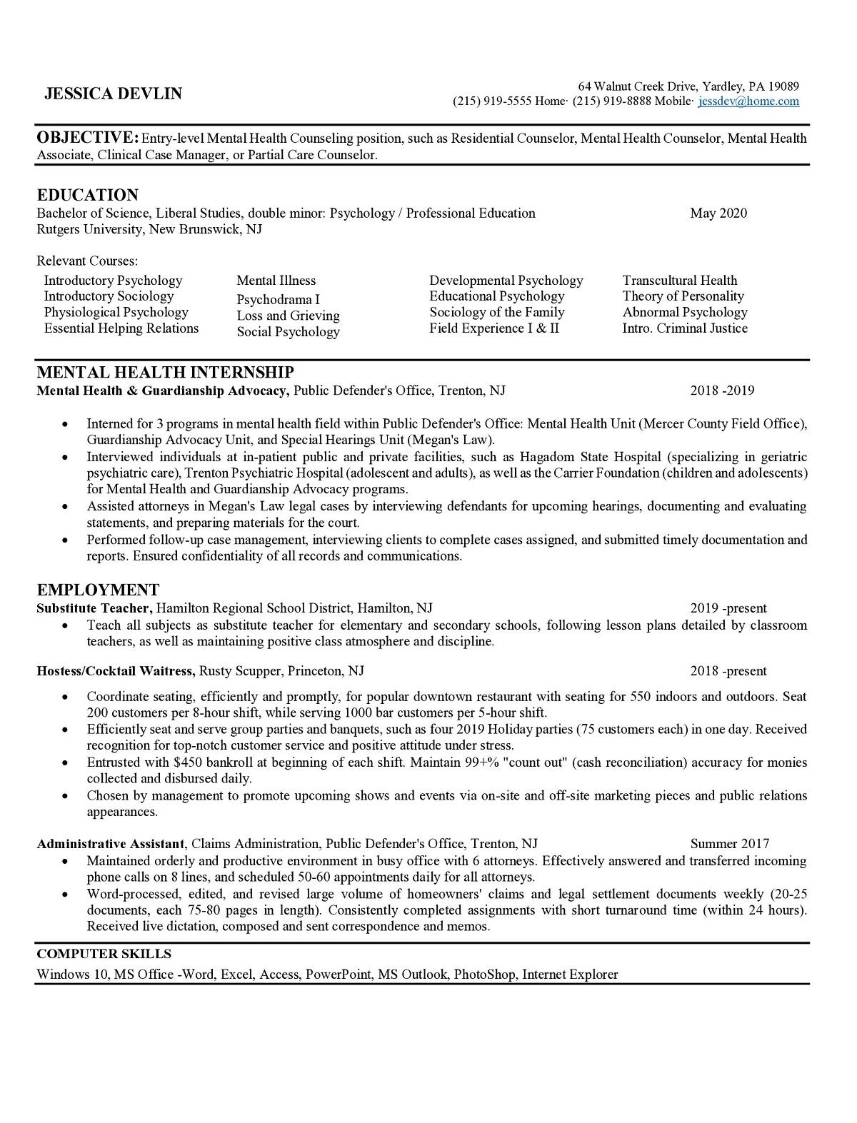 Sample resume: Health Counseling, Entry Level, Chronological