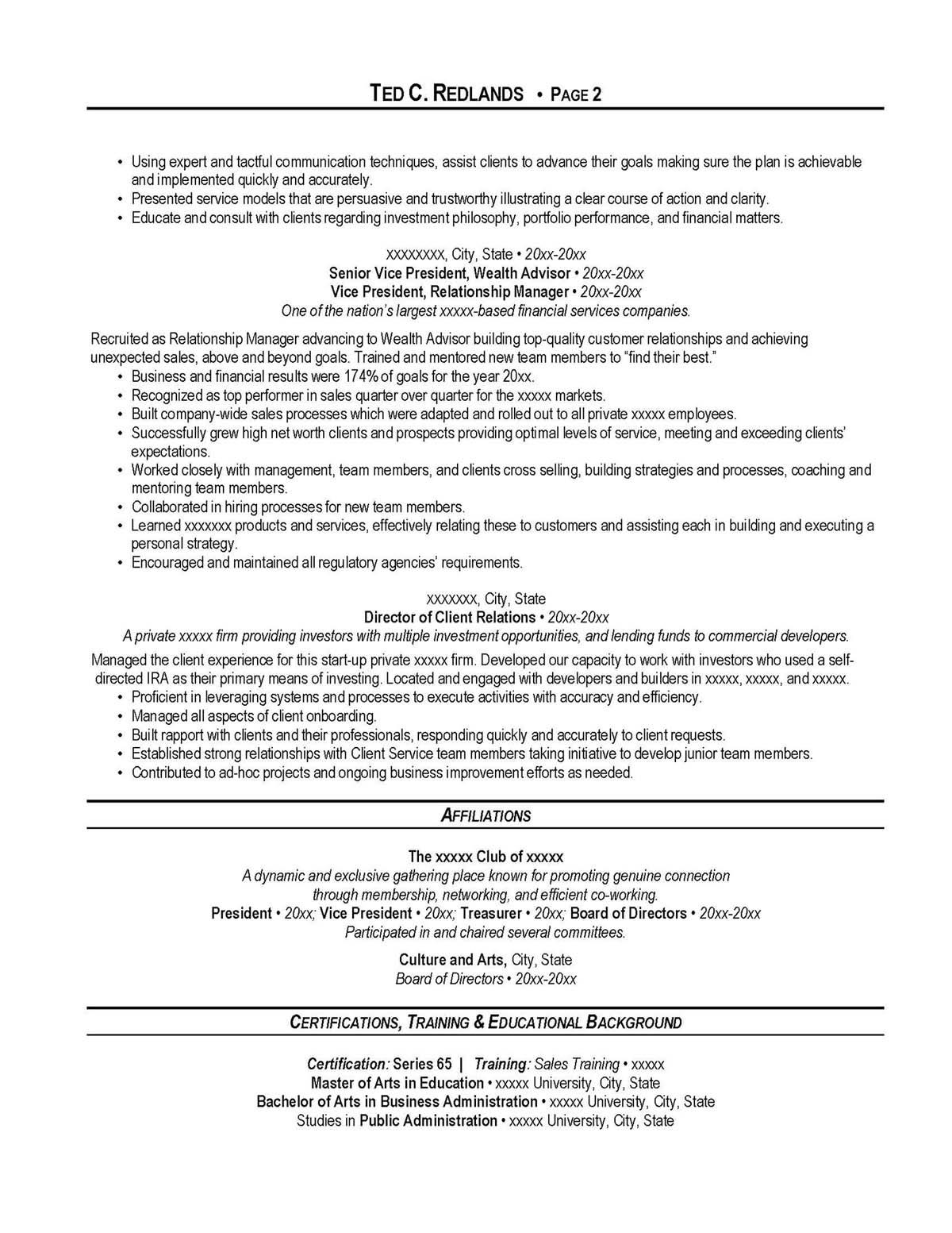 Sample resume: Wealth Management, Mid Experience, Combination